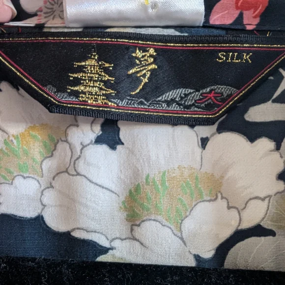 VTG 100% Silk Mid-Century Japanese Kimono Robe Navy Blue Floral Mid - Picture 8 of 8
